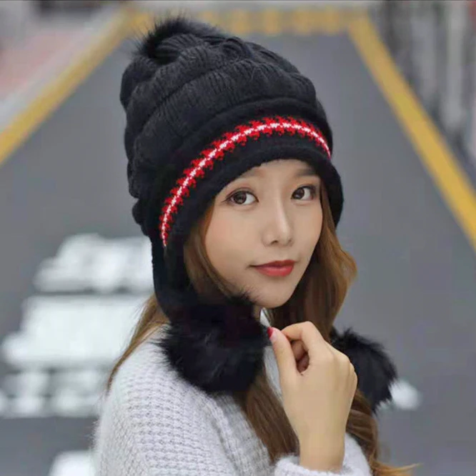 Winter Ear Protection Knitted Hat Women Fashion Plush Thickened Girl Outdoor Hat Warm  Ball Bubble Fluffy hat White