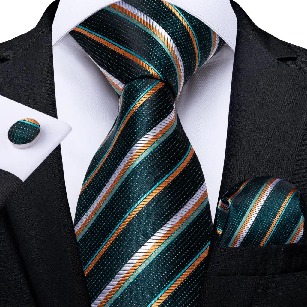 Fashion Men Tie Green Gold Striped Silk Wedding Tie For Men Hanky Cufflink Gift Tie Set DiBanGu Novelty Design Business MJ-7301