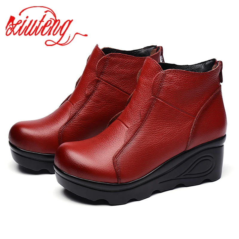 Xiuteng Platform Zipper Ankle Winter Shoes Women Boots High Quality Height Increasing Ladies Shoes Cow Lerther Down Fashion Boot