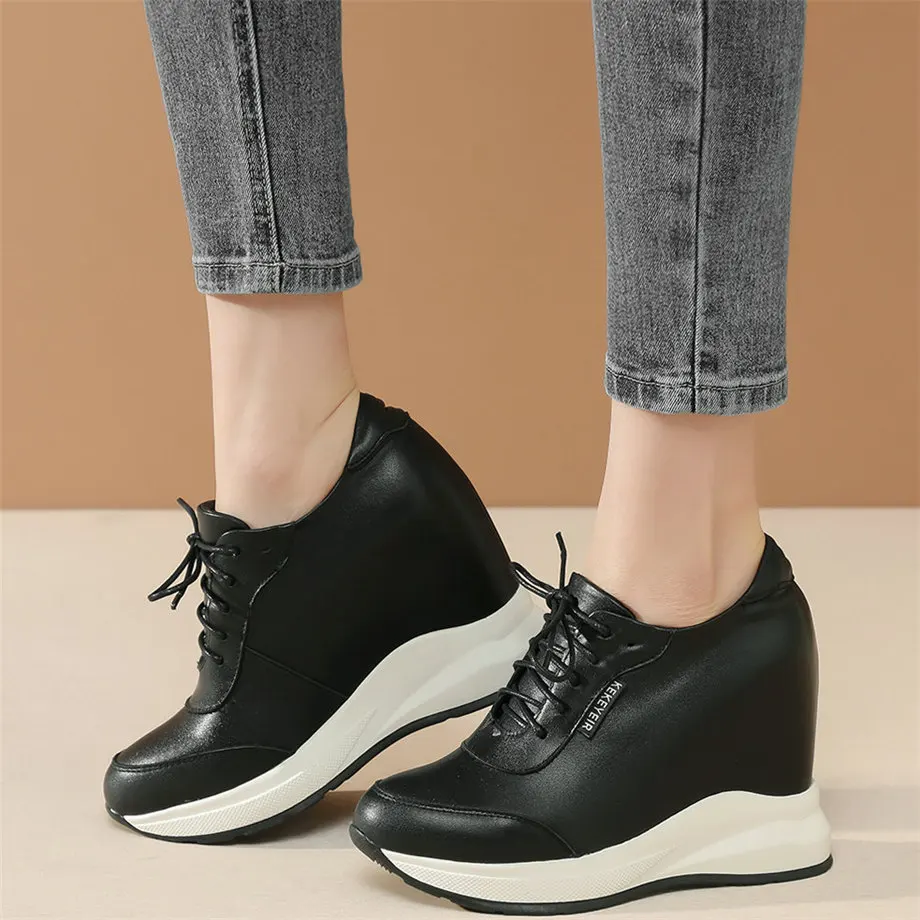 

Casual Shoes Women Lace Up Genuine Leather Wedges High Heel Ankle Boots Female Round Toe Fashion Sneakers Platform Oxfords Shoes