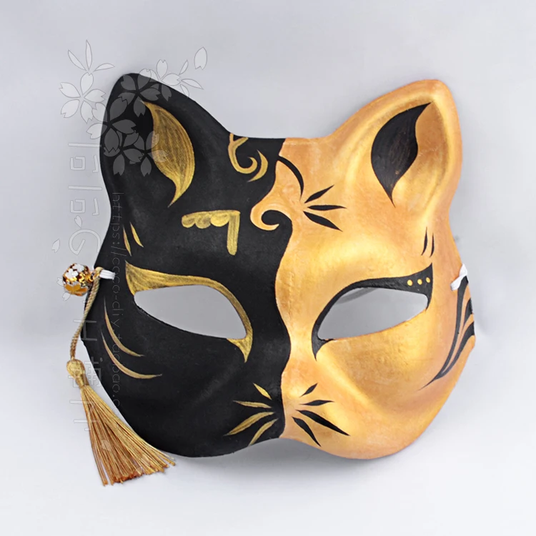 Hand-painted black gold and silver color Japanese fox tassel bell Halloween cos dance anime mask