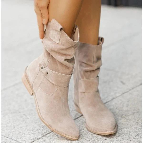 2021 Winter Warm Suede Women Boots Vintage Zipper Shoes Buckle Lady Mid-Calf Boot Outdoor Thick Low Heel Female Pointed Booties