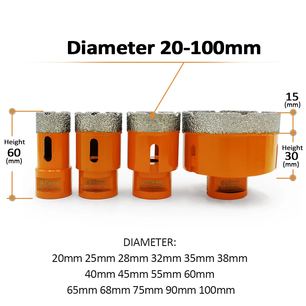 BGTEC 1pc Diamond Drill Core Bits Porcelain Ceramic Tile Granite Marble Drilling Crown M14 or 5/8-11 Thread Hole Saw Cutter