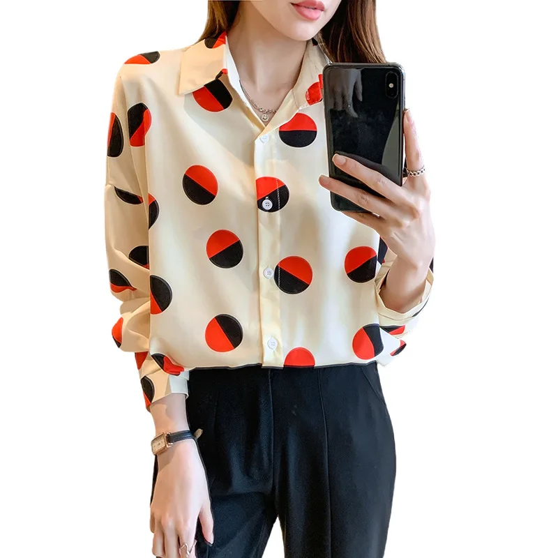 Women's Long Sleeve Shirt, French Fashion, Cotton Chiffon Top, Retro Wave Dot Printing, Niche, Hong Kong Style, Autumn, New