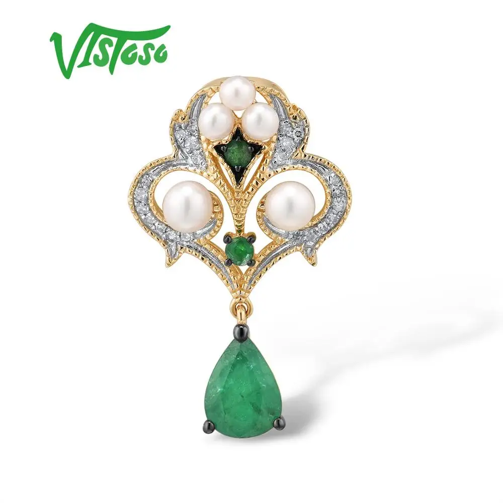 VISTOSO Gold Pendants For Women Authentic 14K 585 Yellow Gold Magic Emerald Fresh Water Pearl Diamond Elegant Fine Jewelry