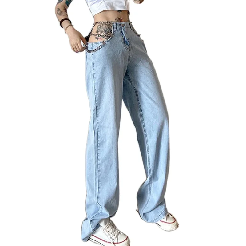 Summer 2021 Sexy Hollow Out Chains High Waisted Jeans Women Casual Loose Blue Straight Jeans