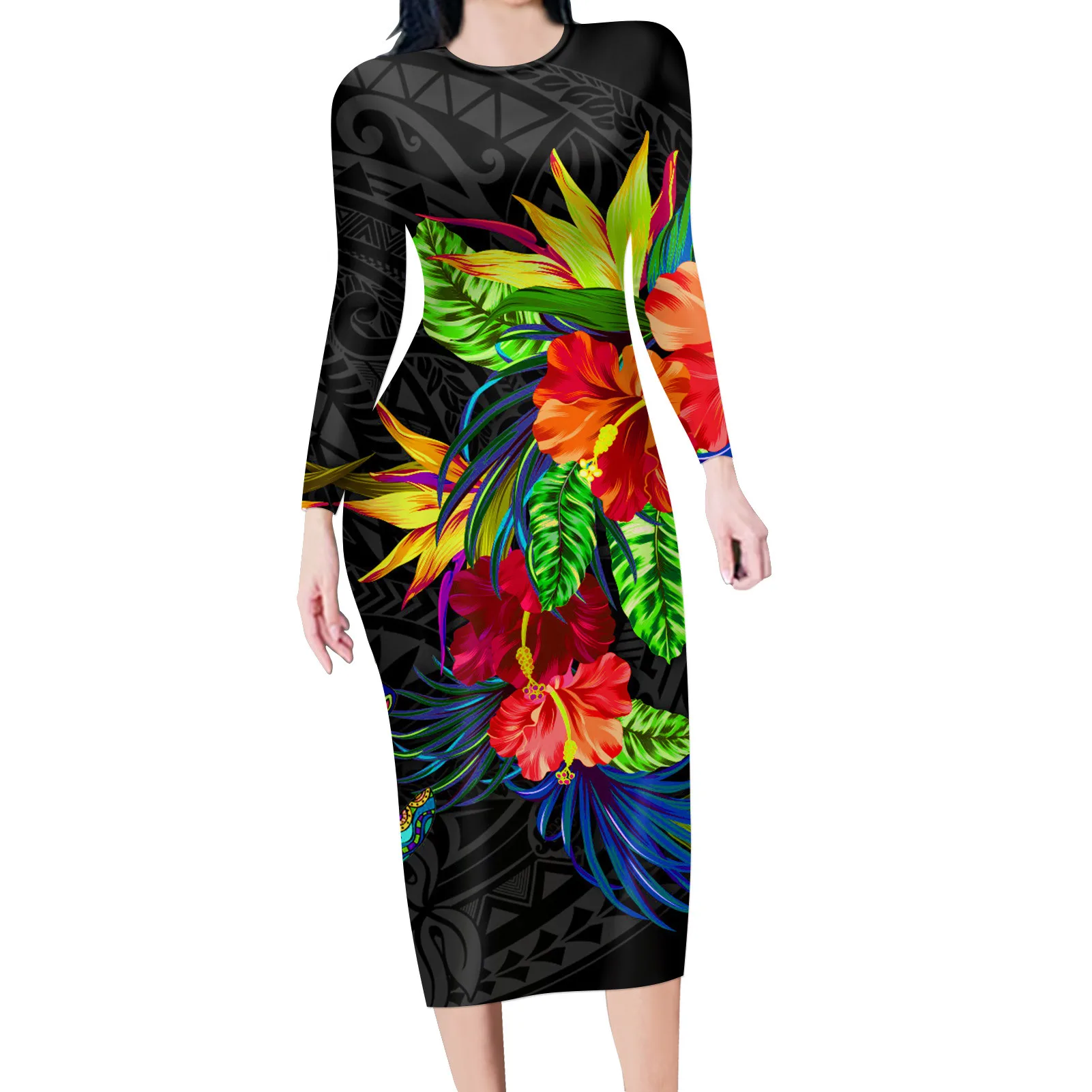 HYCOOL Women's Tropical Flower Leaves Print Robe O-neck Long Sleeve Sexy Dresses for Women Elegant Club Party 2023