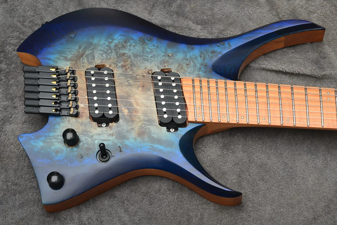 2021 new Fanned frets 7 Strings Headless Electric Guitar  blue burst color  Roasted Maple Neck Ergonomic asymmetric neck