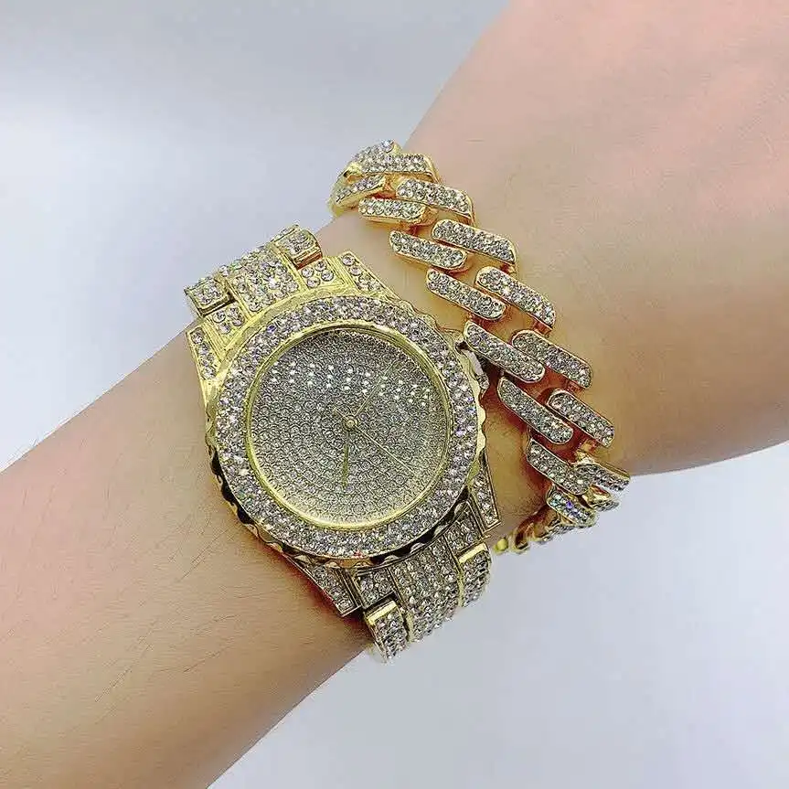 Womens Iced Out Watches Luxury Quartz Wrist Watch with Bracelet Micropave CZ Stainless Steel Hip Hop Watch for Women Men Jewelry
