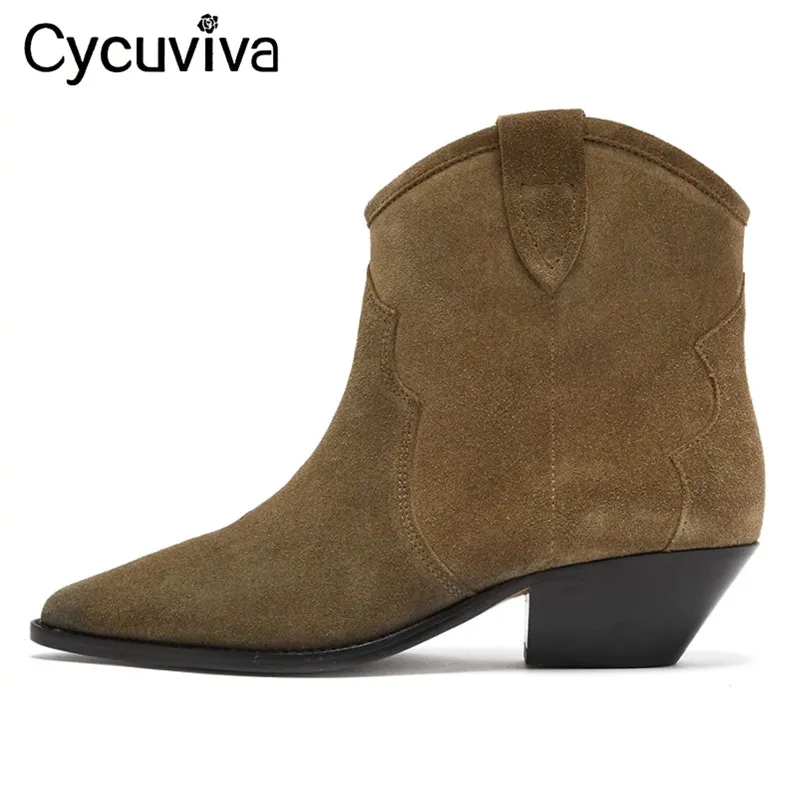 

Genuine Leather Suede Ankle Boots For Women Khaki Solid Chunky Heels Short Boots Slip On Classic Chelsea Boots Botas Femininas