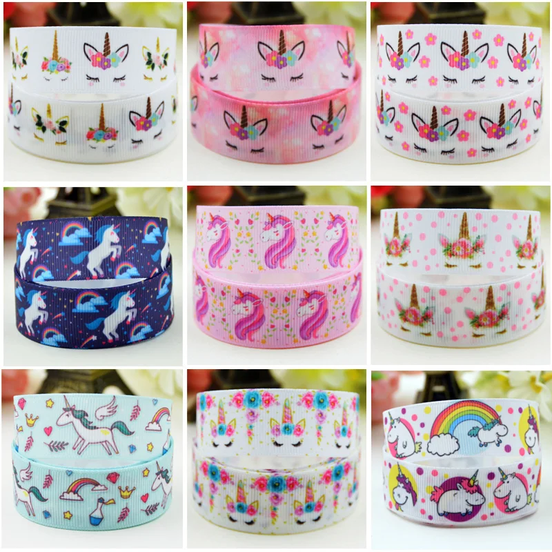 7/8\'\' 22mm Sleep Unicorn Cartoon Character printed Grosgrain Ribbon party decoration 5 Yards randomly sent