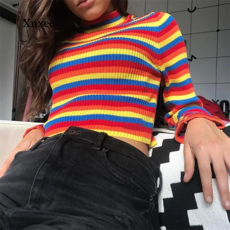 Fashion Rainbow Stripe Longsleeve Knitting Top Women\'s Spring Sweater Female Sweater Ladies High Collar Short Corp Tops Shirts