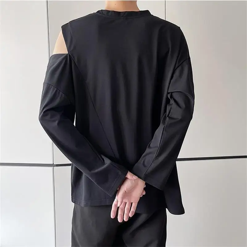 Men's Long Sleeved T-shirt Casual Bottomed Shirt Autumn Unisex Off Shoulder Button Panel Inner T-shirt Loose