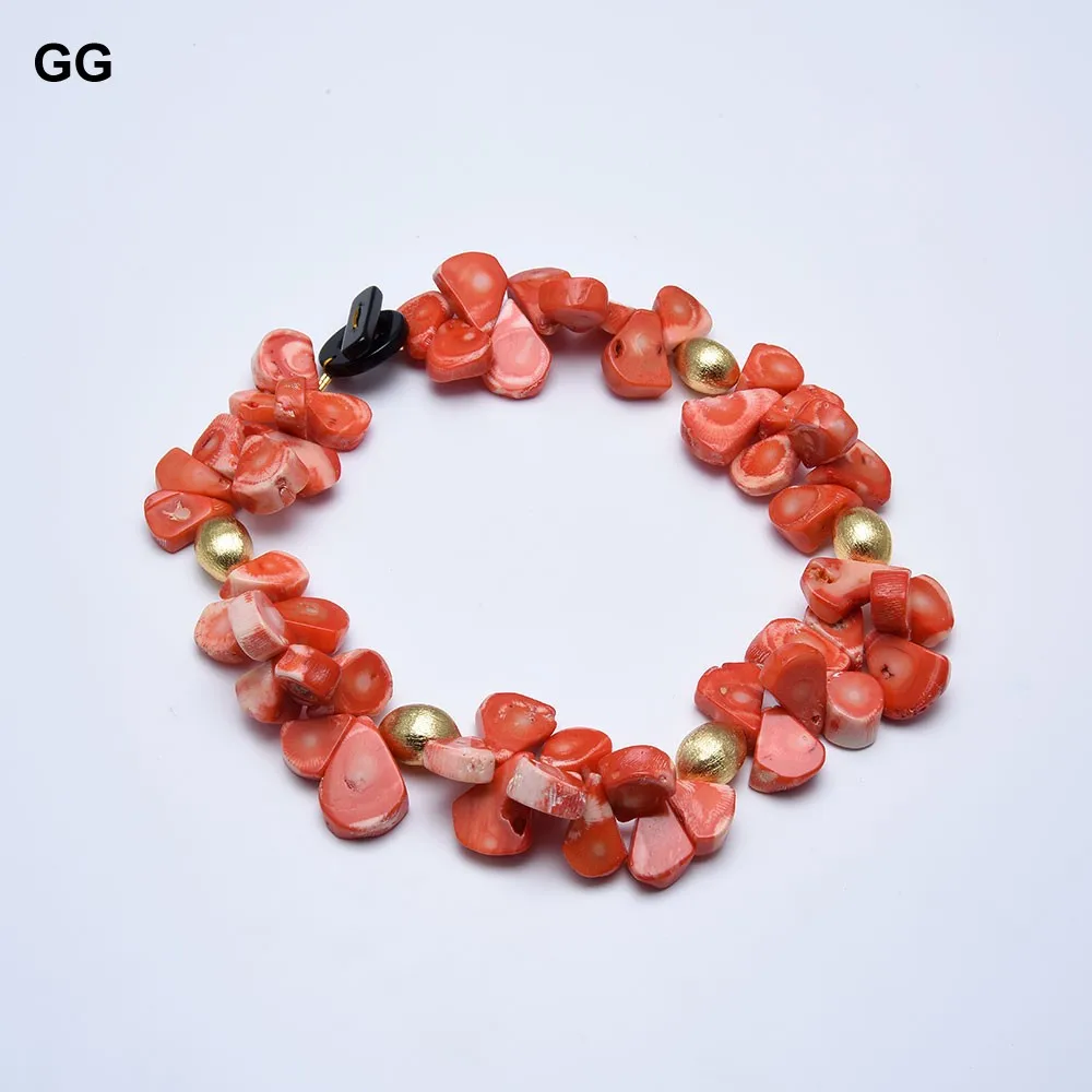 GG Natural Teardrop Orange Coral Gold Plated Beads Choker Necklace Handmade For Women