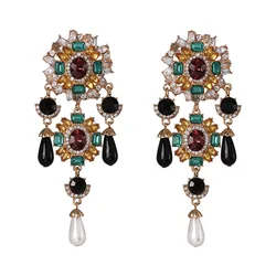 2022 Bohemian Accessories For Women Vintage Metal Colorful Crystals Dangle Drop Earrings Hanging Pearls Fine Rhinestone Jewelry