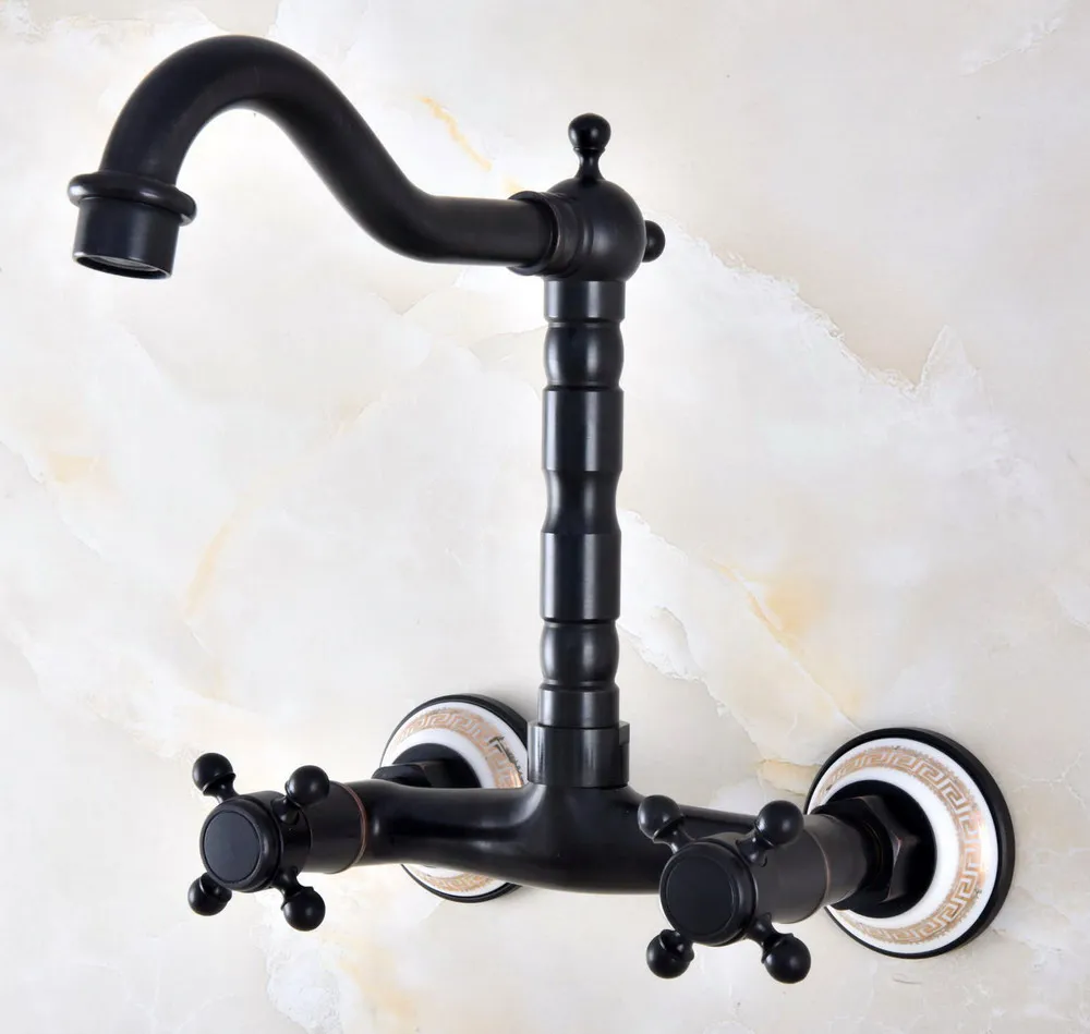 

Black Oil Rubbed Bronze Ceramic Base Wall Mounted Bathroom Kitchen Sink Faucet Swivel Spout Mixer Tap Dual Cross Handles anf872