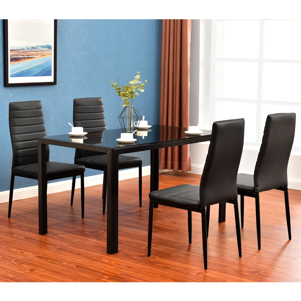 Dining Table Set Simple Assembled Tempered Glass & Iron Dinner Table + 4pcs Elegant Assembled Stripping Texture High Backrest