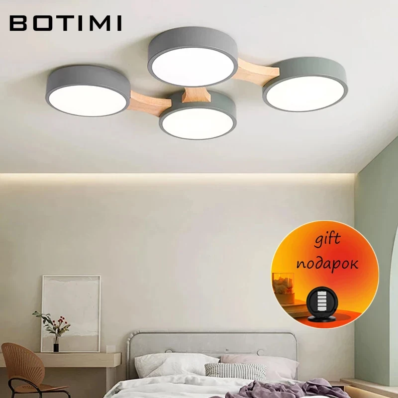 BOTIMI 220V LED Ceiling Lights With Round Metal Lampshade For Living Room Modern Surface Mounted Ceiling Light Wood Bedroom Lamp