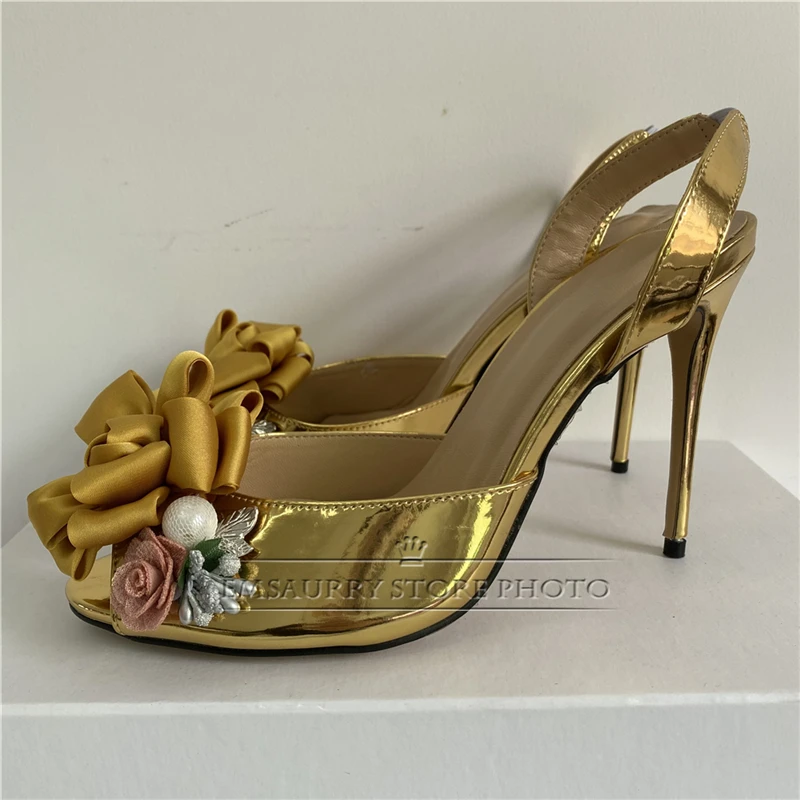 Handmade Rose Flower Decor Sandals For Girls Women 10cm Stiletto Heel Patent Leather Slingbacks Runway Mules Lady Summer