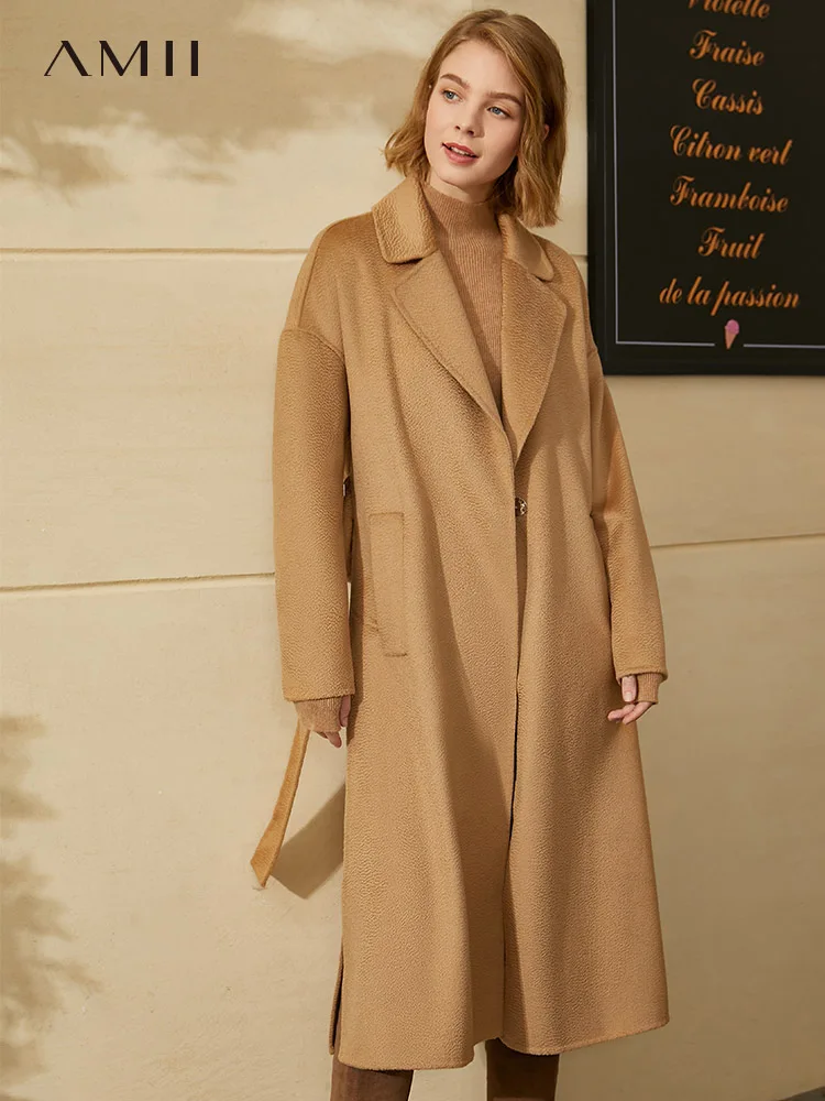 Amii Minimalism Winter Woolen Coat Fashion Solid Lapel 100% wool Long Female Coat Water Ripple Double-sided Woolen Coat 12040648