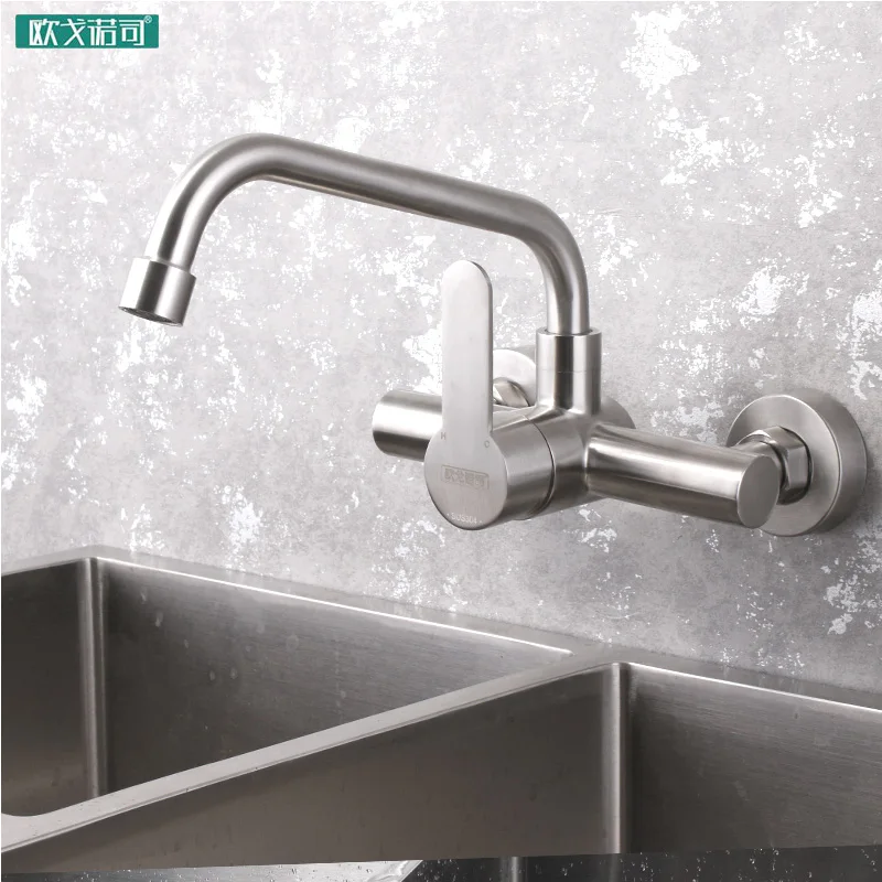 Wall mounted black kitchen faucet single handle double holes hot and cold water mixer