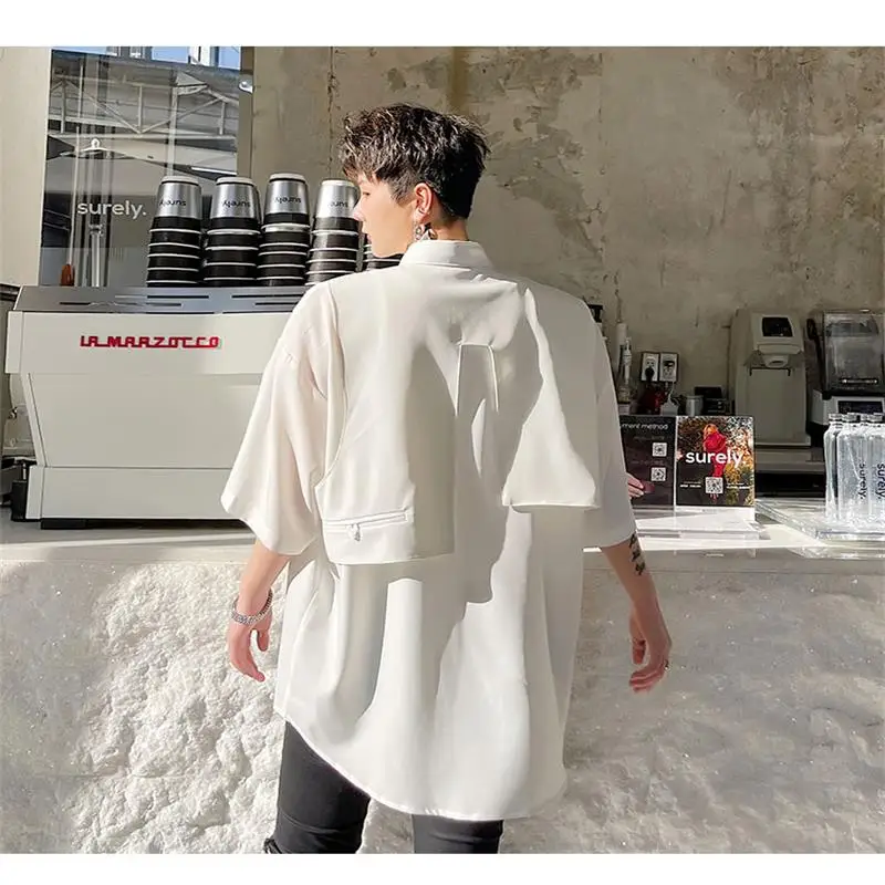 Men's summer new Korean back patch design fashion trend loose large size short sleeve shirt
