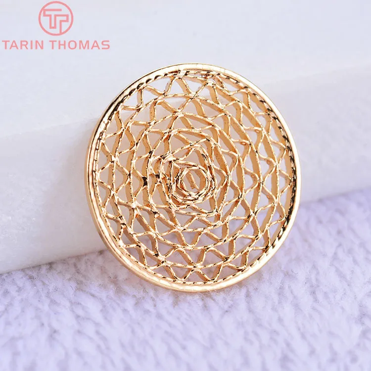 (529)4PCS 15MM 20MM 24K Gold Color Plated Brass Round Hollow Lace Charm Pendants for Jewelry Making Findings Accessories