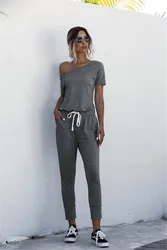 Women Jumpsuits Summer 2021 Drawstring Pockets Decor Oblique Collar Short Sleeve Mid Waist Slim Jumpsuits Women Fashion Clothing