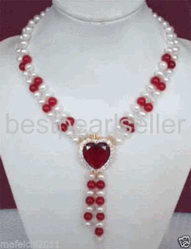 

charming ! 2Rows White freshwater Pearl & Red jade Heart Jewelry Necklace