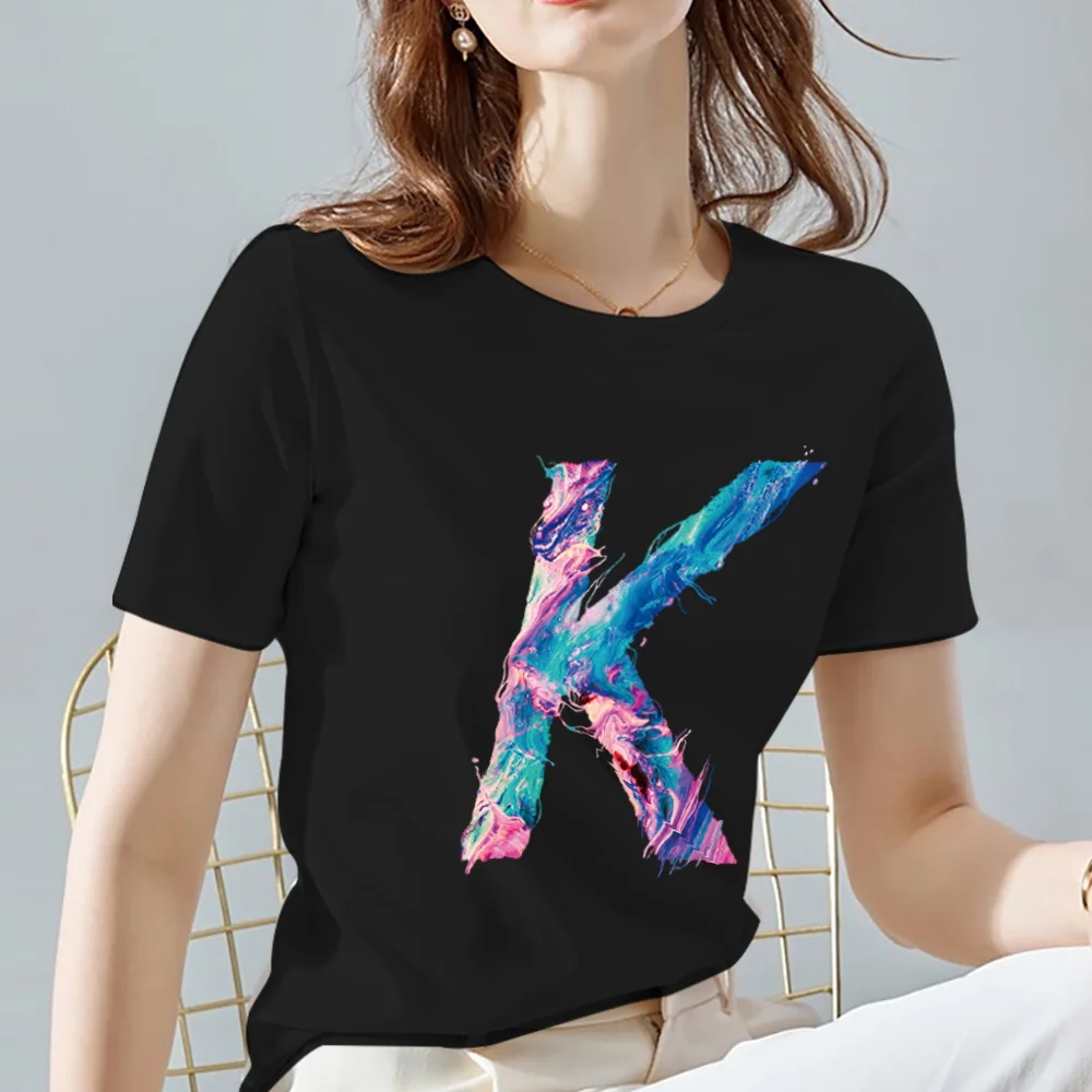 

Trendy Basic Women Letter T-shirt Casual Commuter Black 26 Paint K Letter Crew Neck Printing Initial Name Comfortable Clothing