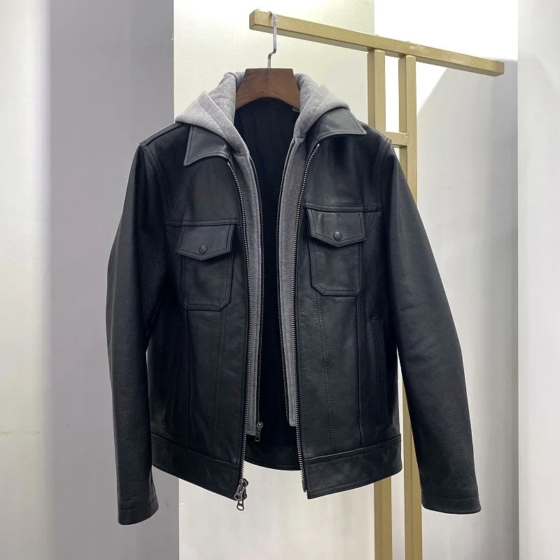 Mens 2022 Genuine Leather Cowhide Motorcycle Biker Jacket Fashion Removable Hooded Outerwear Streetwear Punk Casual Coat Male