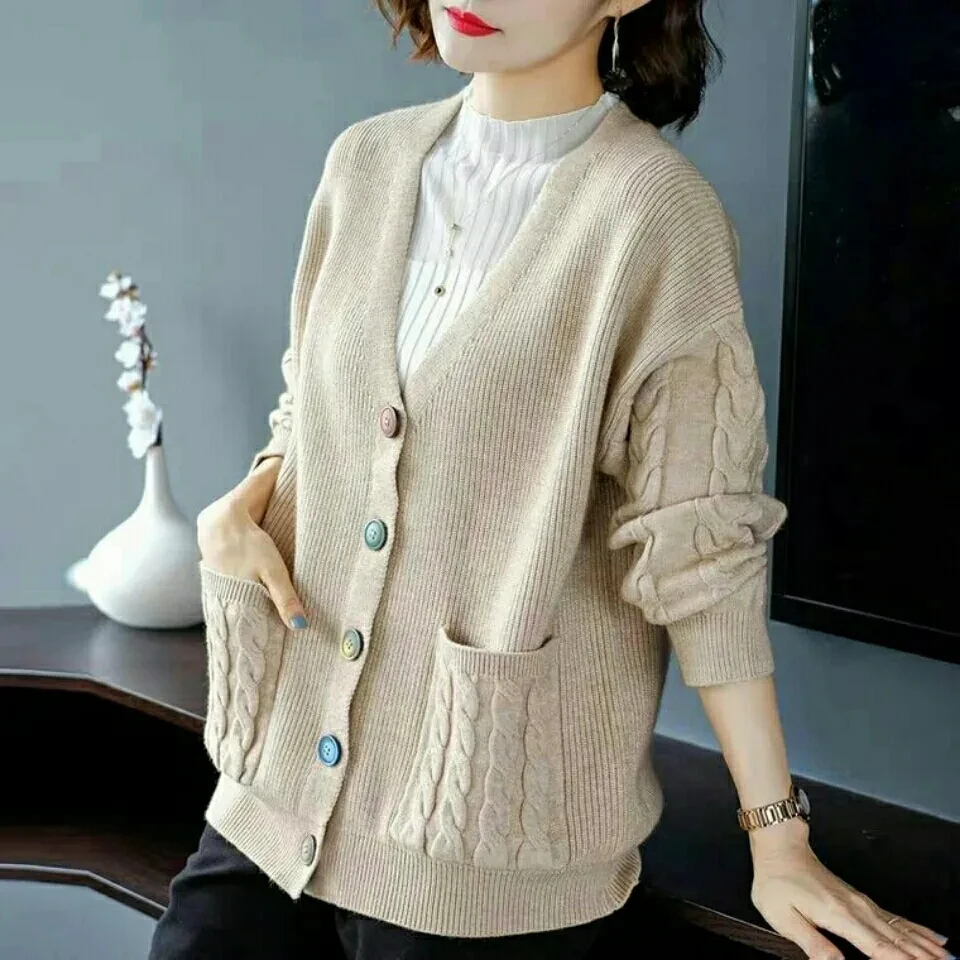 2024 Spring Autumn New Women Knitted Sweater Cardigan Coat Fashion V-neck Single-breasted Pocket Loose Sweaters Ladies Tops