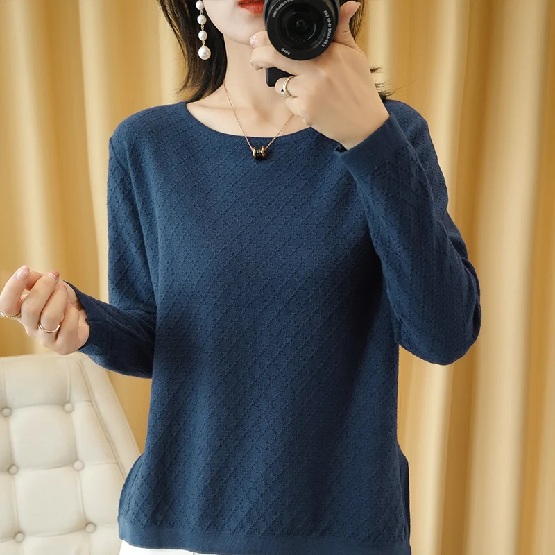 Tailor sheep cotton knit sweater women\'s o-neck long-sleeved knit pullover short split openwork sweater