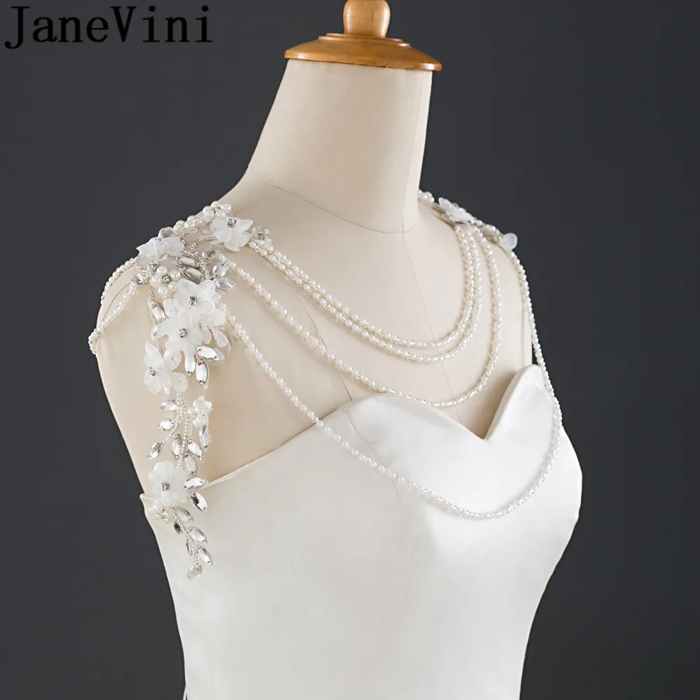 JaneVini Luxury Pearls Wedding Dress Necklace Bridal Shoulder Chain Adjustable Ribbon Handmade Flowers Crystal Beaded Necklaces