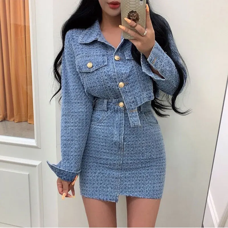 

Cowboy Set Two-piece Suit Autumn Fashion Turndown Collar Blue Single-breasted Short Denim Shirt Top + Solid Color Hip Skirt