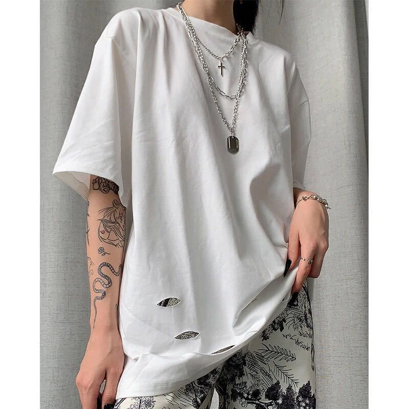 Cotton Hem Ripped Hole Short Sleeve Women T Shirt Cool Stuff Summer Hip Hop Oversized Punk Harajuku Streetwear Clothes Top White