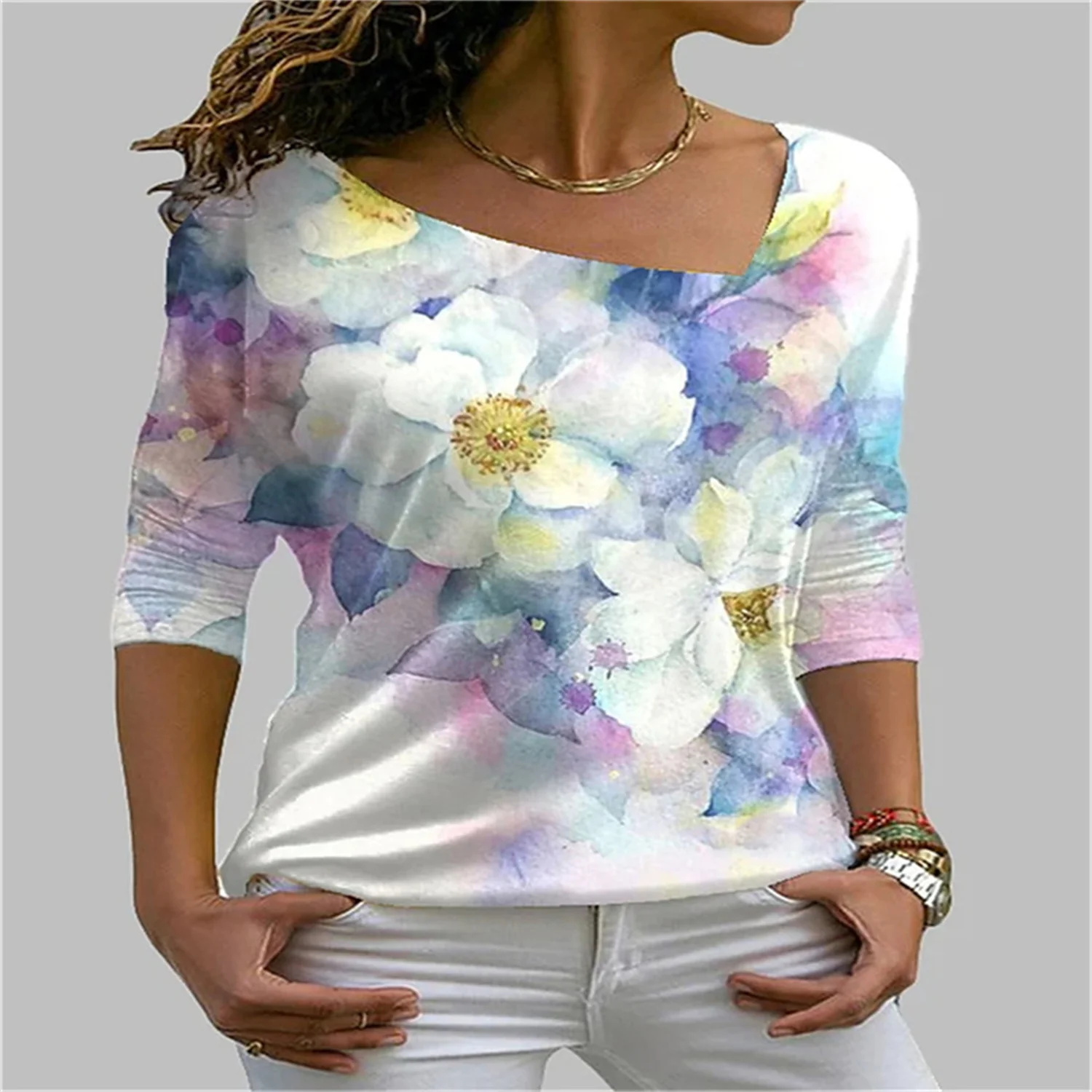 Multicolor Women's 3D Printing Flower Pattern Pattern Shirt V-neck Long Sleeve Stylish Self-Cultivation Pullover