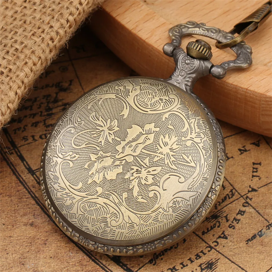 Elegance Rose Flowers Design Full Hunter Bronze Quartz Pocket Watch Steampunk Pocket Chain Retro Pocket Pendant Clock Men Women