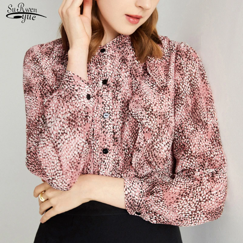 

Office Lady Ruffled Retro Floral Shirt 2022 New Elegant Print Stand Collar Long Sleeve Blouse Tops Women Autumn Clothing 18271