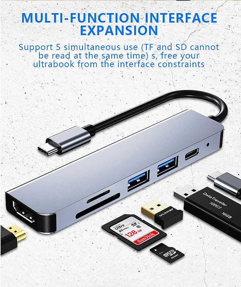 Typ C toUSB Hub 6 IN 1 HDMI-kompatibel USB 3,0 PD SD/TF Kartenleser Adapter kabel