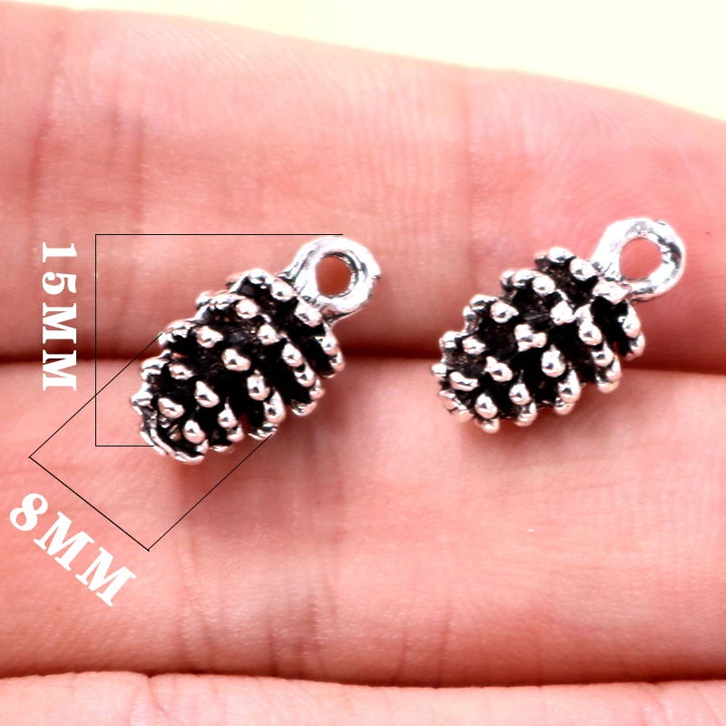 12pcs Silver Plated 3D Mini Pine Cone Charm Metal Pendant Earrings Bracelet DIY Retro Jewelry Handicraft Accessories 15*8mm