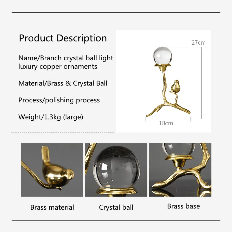 Crystal ball brass ornaments Living room desktop decoration Bedroom cabinet decorations Creative brass bird element Send a Gift