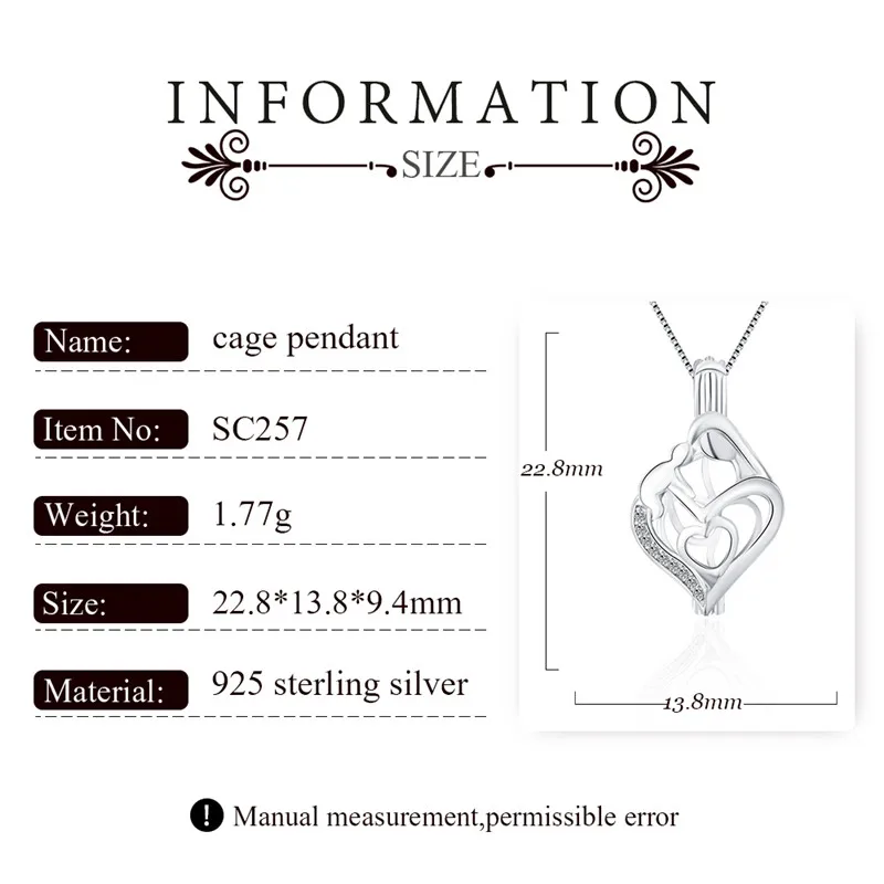 CLUCI 3pcs Silver 925 Pendant Gift for Mother\'s Day Double Heart 925 Sterling Silver Pendant Jewelry Wish Pearl Locket SC257SB