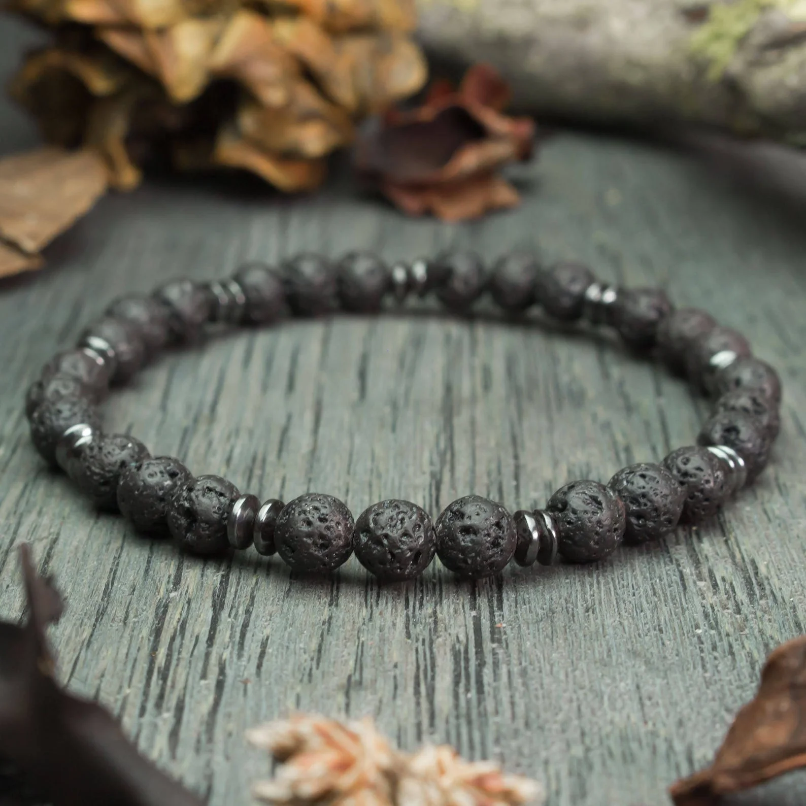 Mens bracelet black beads  6 mm natural stone lava lava (Vesuvianite) Hematite handmade creation