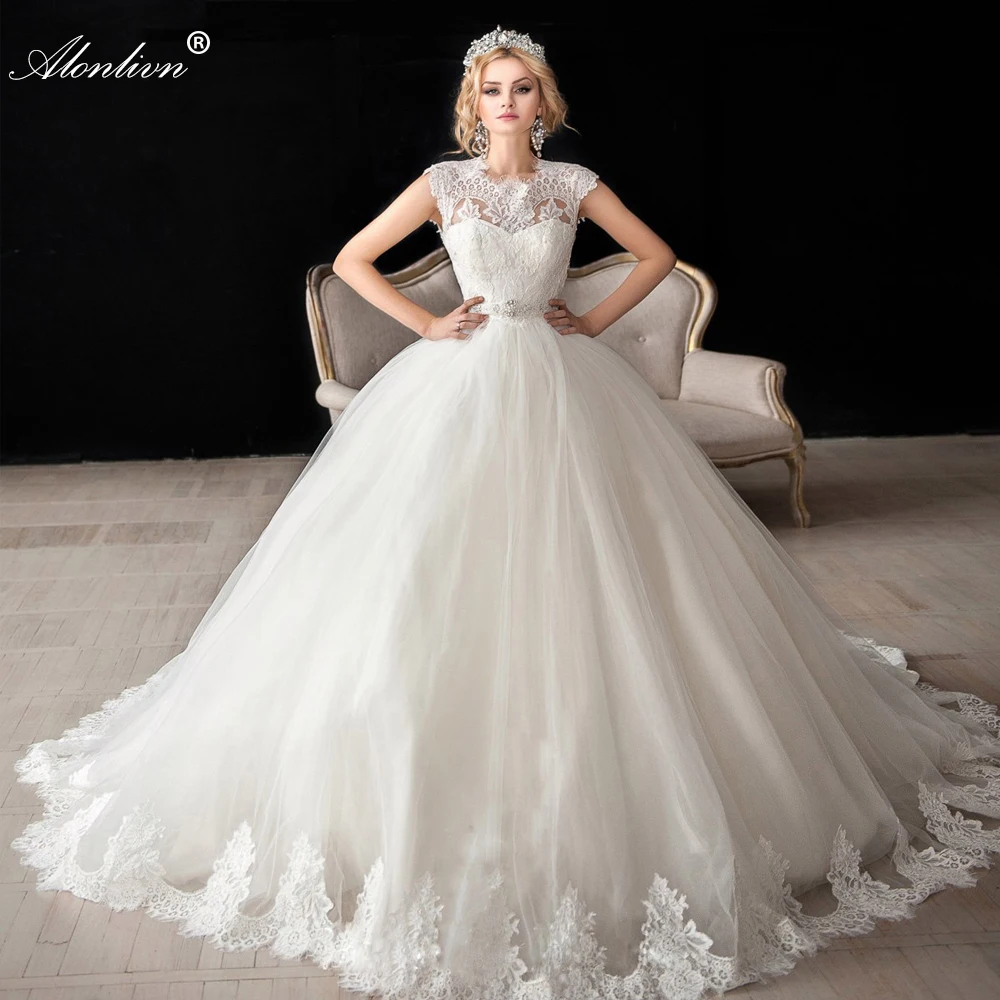 

Alonlivn New Arrival Ball Gown Lace Vestido De Noiva Romantic Robe De Mariage O-Neck Wedding Dress With Beading Crystals Sashes