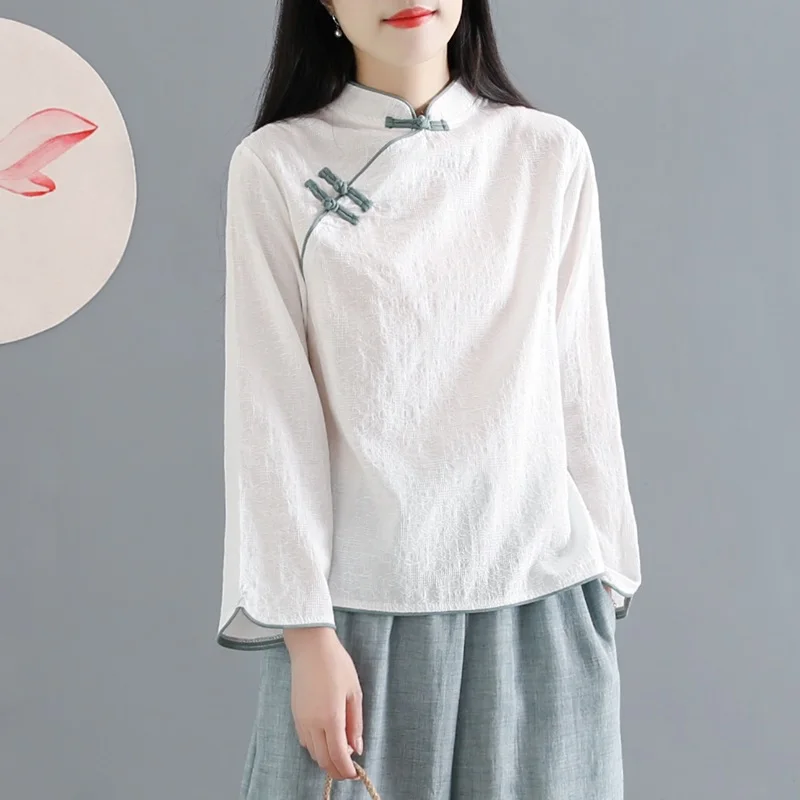 Traditional Chinese Clothing Cotton Linen Shirt Blouse Vintage Lady Solid Tops Oriental Hanfu Chinese Style Clothing Women 11101