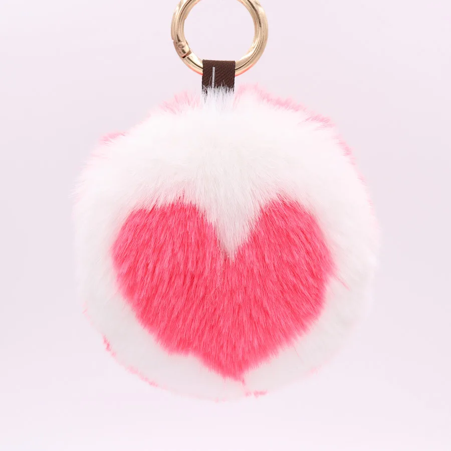 New Sweet fashion color matching round heart Fake Rabbit Fur Ball Key Chain Pompom Key Chain Key Rings  Girl Women Bag  Jewelry