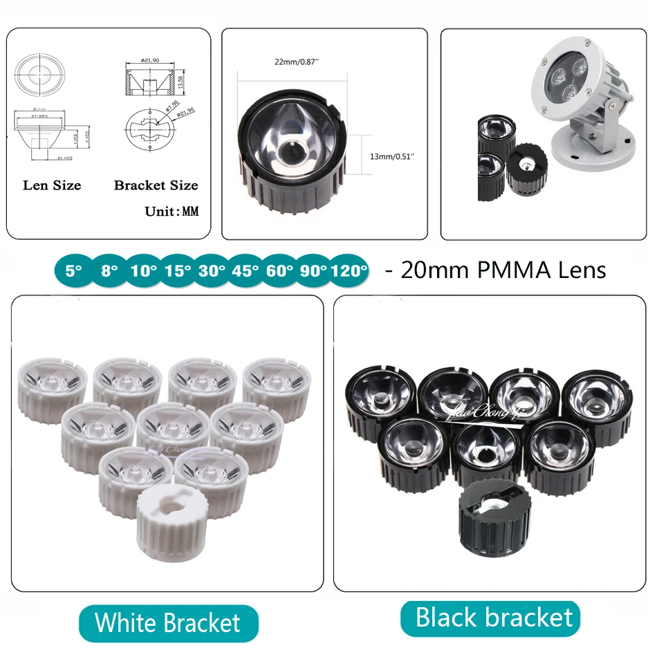 

50set High Power 1W 3W 5W LED Lens 20MM PMMA Lenses With Bracket 5 15 25 30 45 60 90 120 Degree For 1 3 5 Watt Light Beads