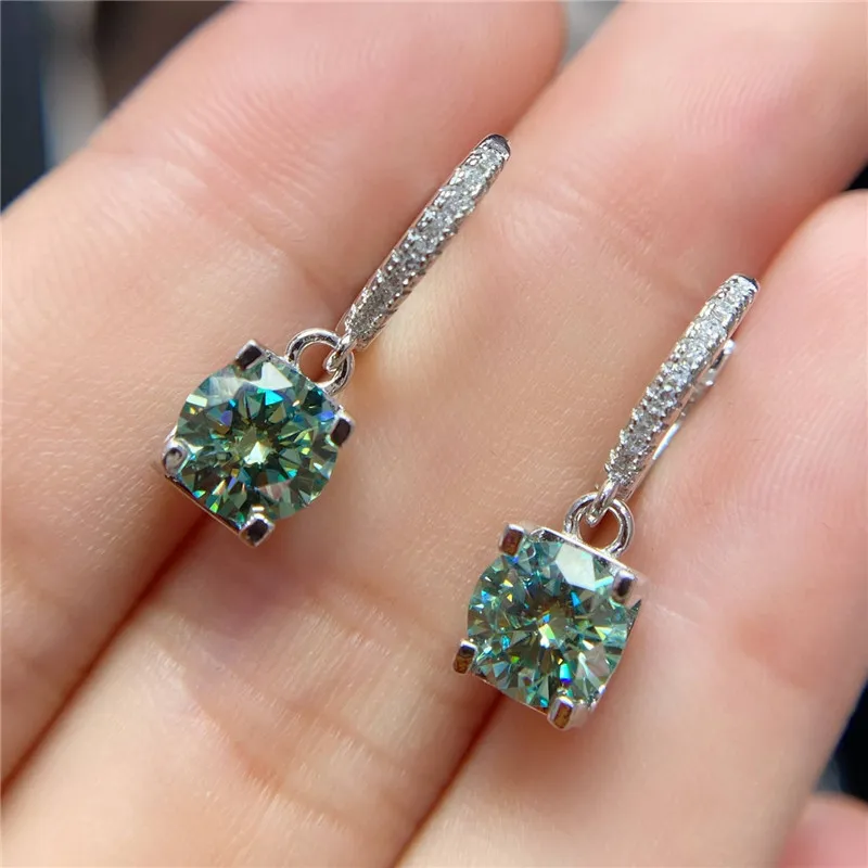 

Real 925 Silver Pass Diamond Test Total 2 Carat Green Moissanite Screw Back Drop Earrings 6.5mm each Gemstone for Women