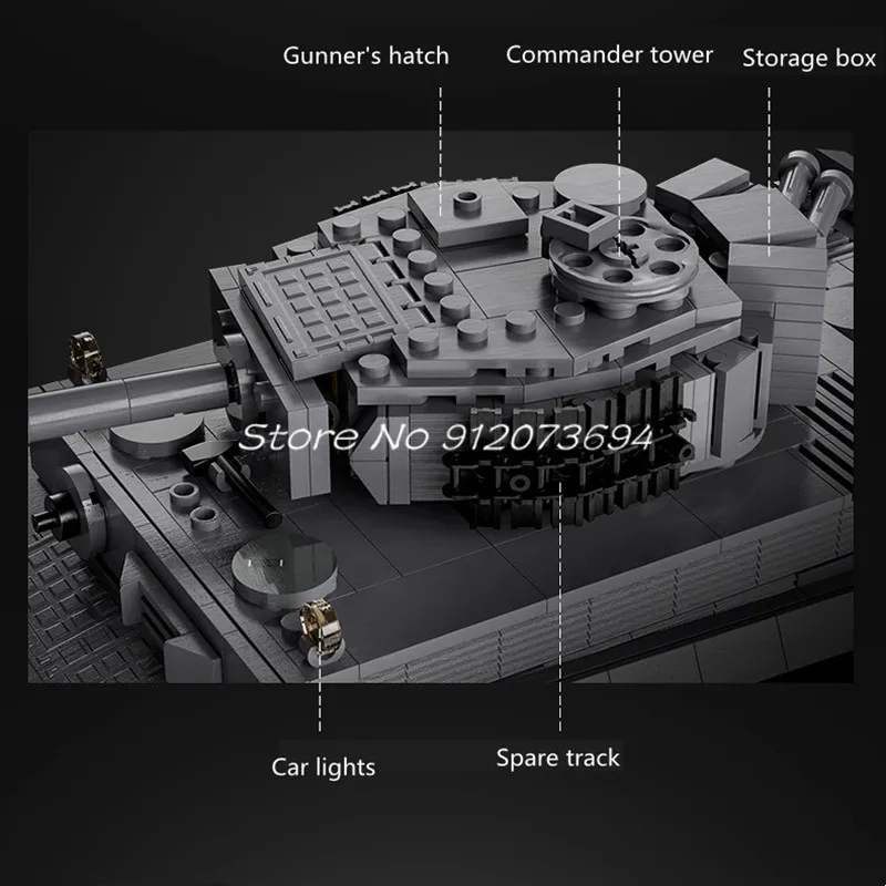 Máquinas militares da segunda guerra mundial tigre tanque de controle remoto diy quebra-cabeça blocos de construção 360 °   Modelo de tanque RC de barril de elevação de torre de rotação